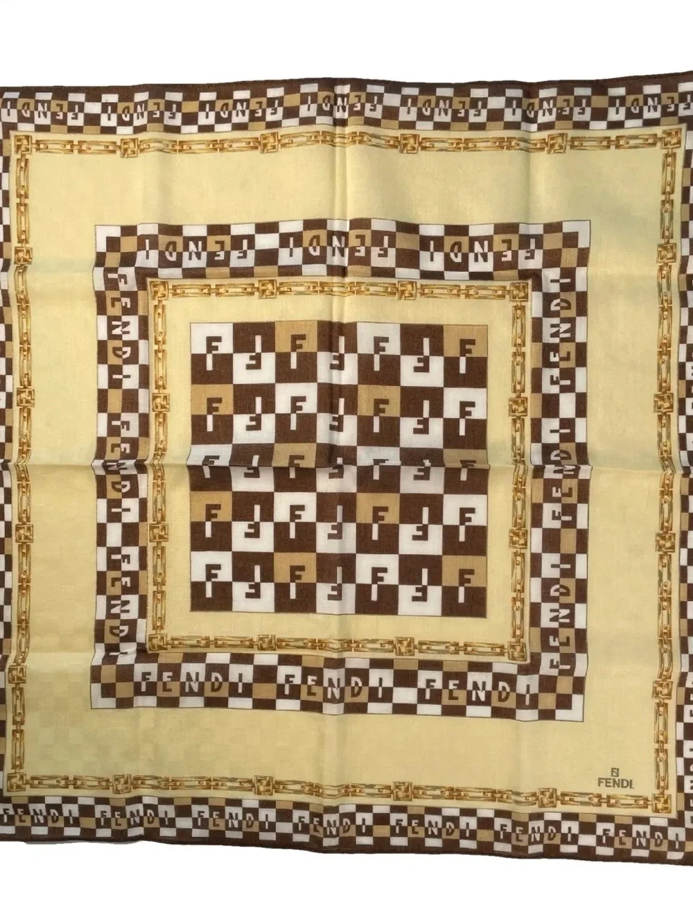 Fendi Brown and Cream Checkerboard Silk Scarf or pocket square